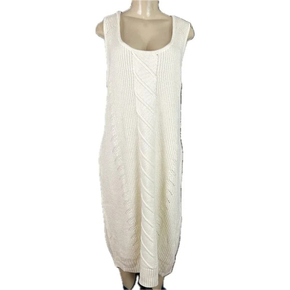FTF +4 Eggshell Ribbed & Textured Knit Scoop Neck Below Knee Tank Sweater Dress - Picture 2 of 6